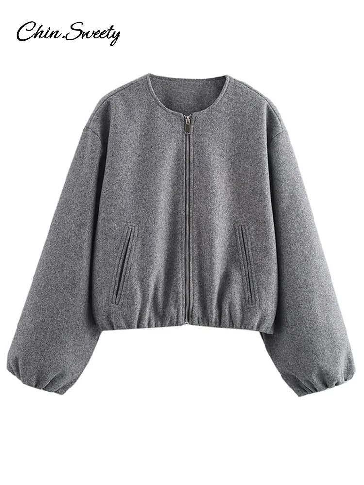 Retro Woolen ’s Bomber Jacket Long Lantern Sleeves Pockets O-neck Loose Female Coat Autumn High Street Outwears