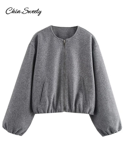 Retro Woolen ’s Bomber Jacket Long Lantern Sleeves Pockets O-neck Loose Female Coat Autumn High Street Outwears