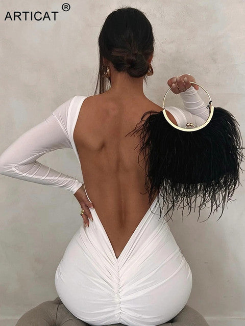 Backless Ruched Maxi Dress White Long Sleeve Evening Dresses Female Autumn Skinny Party Clubwear
