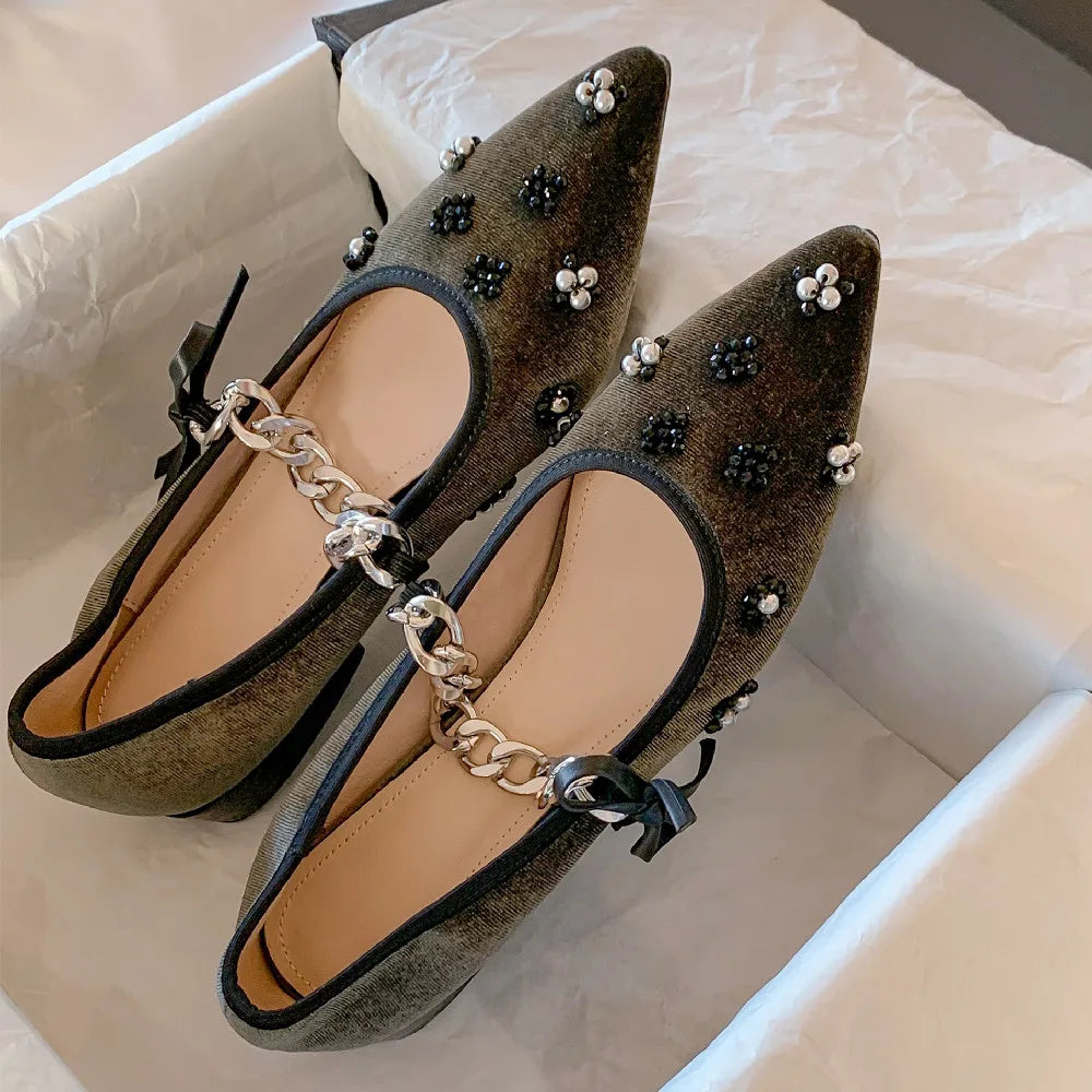 Velvet Pointed Toe Slipon Mary Jane Flats Beading Decoration Female Ballet Flats Sweet Female Ballerians Shoes