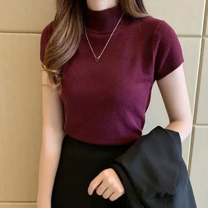 Tops and Blouses Summer Short Sleeve Blouse Blusas Mujer De Moda Turtleneck Knitted Blouse Shirt Tops