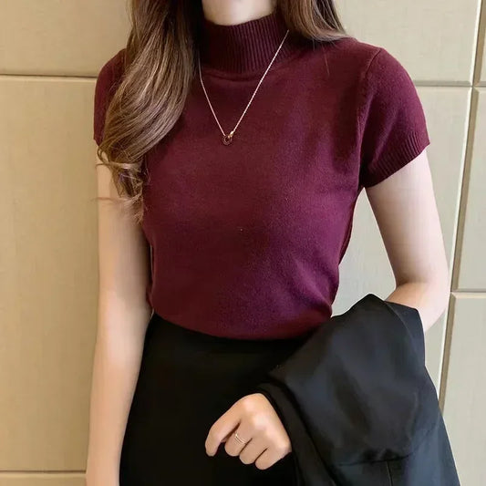 Tops and Blouses Summer Short Sleeve Blouse Blusas Mujer De Moda Turtleneck Knitted Blouse Shirt Tops
