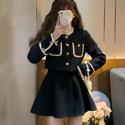 Autumn New Two-piece Skirt Sets Korean Crop Jacket Coat Mini Skirt Female Clothing Y2k Outfits