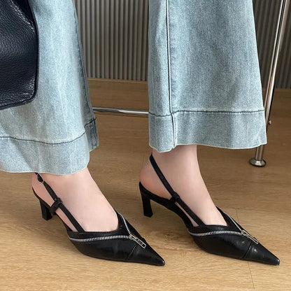 Pointed Toe Mules Pump Zip Design Slingbacks High Heels Female Footwear Summer Brand Shoes