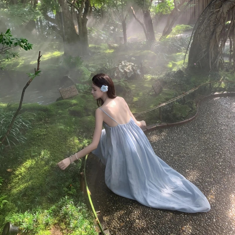 Korean Summer New Blue Club Festival Backless V Neck Long Dress Sleeveless Holiday Loose Pleated Dress Simple
