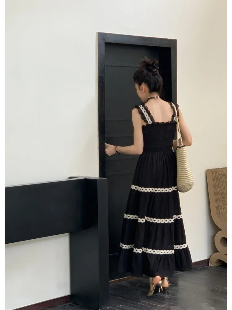 Slim Camisole Dress for Square Collar Sleeveless High Waist Hit Color Spliced Ruched Long Dress Female Party Dress