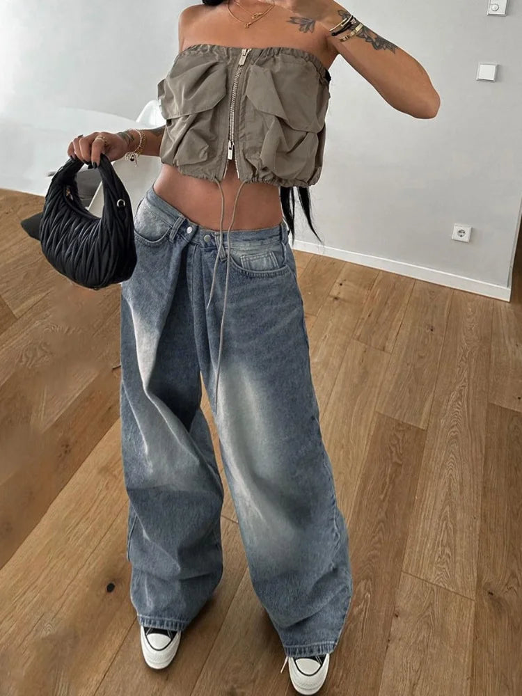 Y2k 90s Low Waist Cargo Pants American Retro Baggy Oversized Denim Trousers