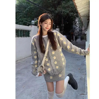 Sweet Hot Girl Knitted Suit Autumn and Winter Oneck Loose Cardigan Wrap Hip Skirt Twopiece Set Female Clothes