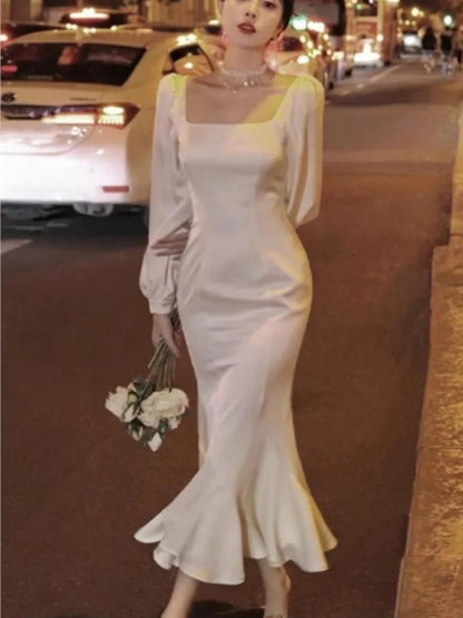Spring Ruffles Midi Dress Evening Party Prom Vestidos Summer Long Sleeve Female Clothes Robe Korean