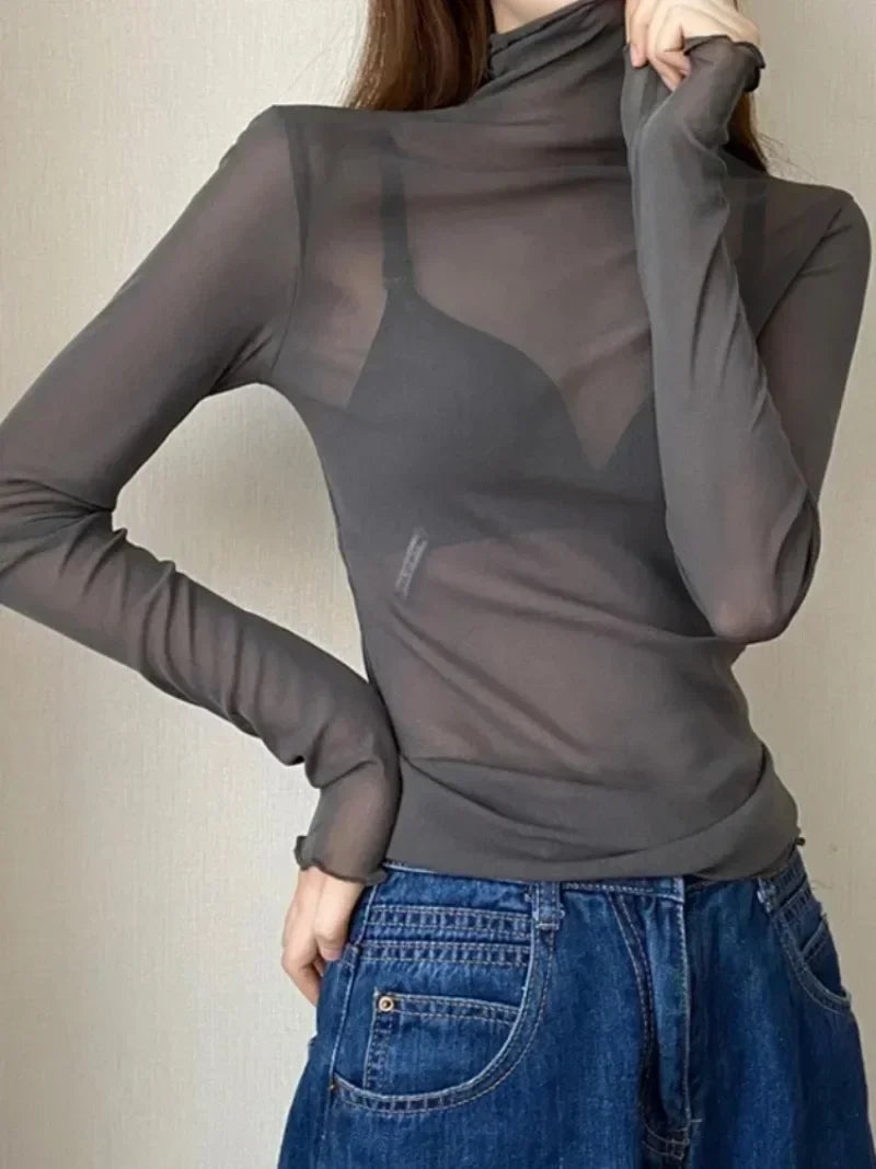 Spring Summer Long Sleeve Black Mesh Top Blouses Transparent Punk Clubwear Shirt Tees Beach Tops Bottom Tops