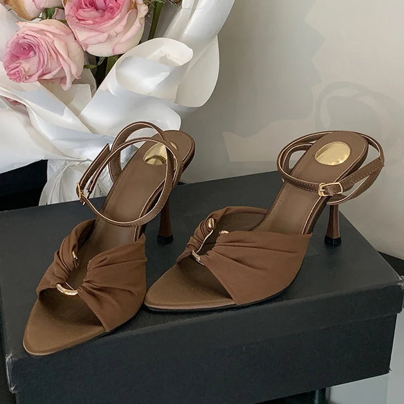 Comfort Hollow Out Metal Buckle Decoration Sandals Satin Ankle Strap Heels Pointed Toe Party Designer Shoes
