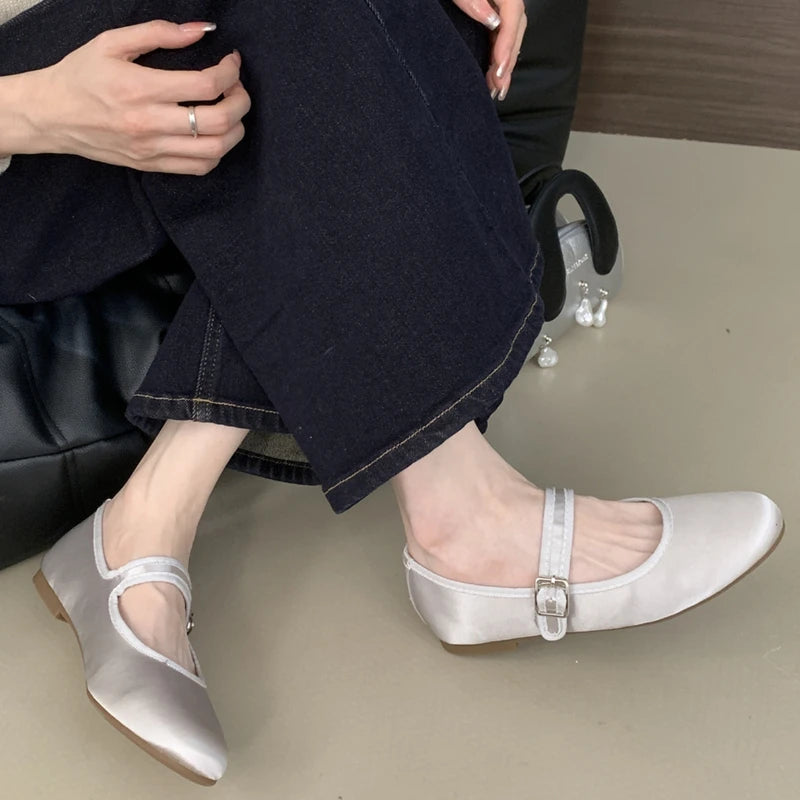 Comfort Satin Soft Sole Mary Jane Shoes Round Toe Shallow Flats Buckle Prom Designer Ballet Shoes