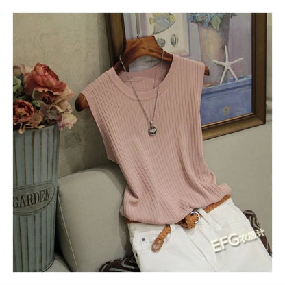 Summer Sleeveless Blouse O-neck Knitted Blouse Shirt Clothes Tops Df4903