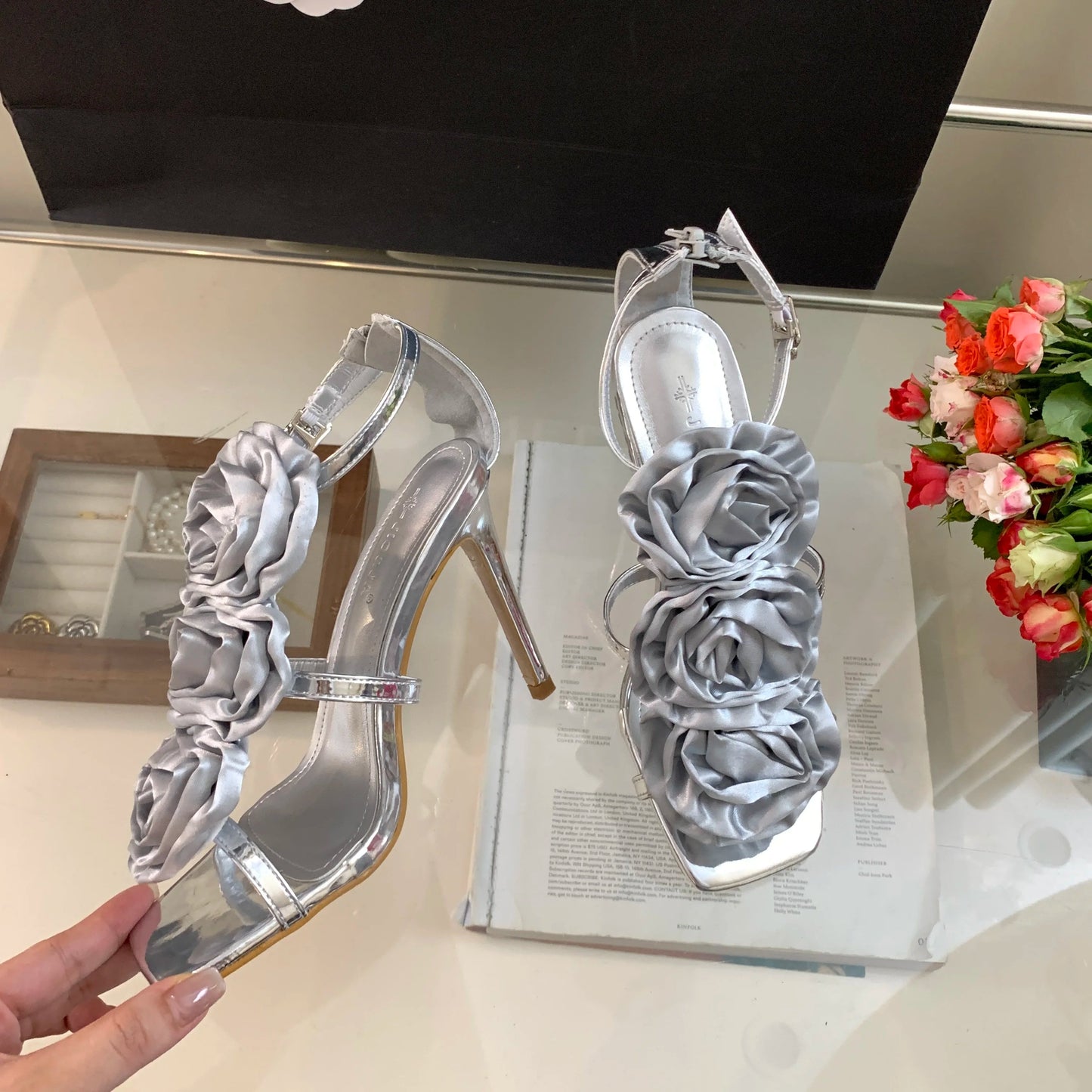 Flower Heeled Sandal Silk Rose Flower Opentoe Stiletto Shoes Roman Sandals 3540 Sizes High Heels