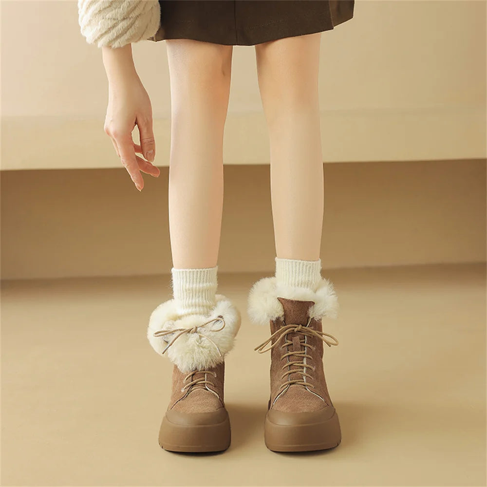 Wool Snow Boots Flats With Platforms Crosstied Ankle Boots Round Toe Fur Short Winter Warm Boots Shoes