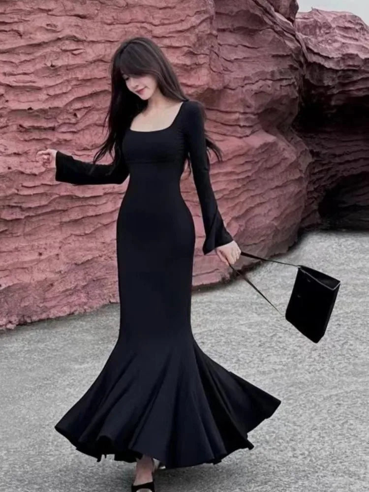 Autumn Long Dresses for Long Sleeves Square Collar Korean Style Slim Fit Mermaid Basic Vestidos New