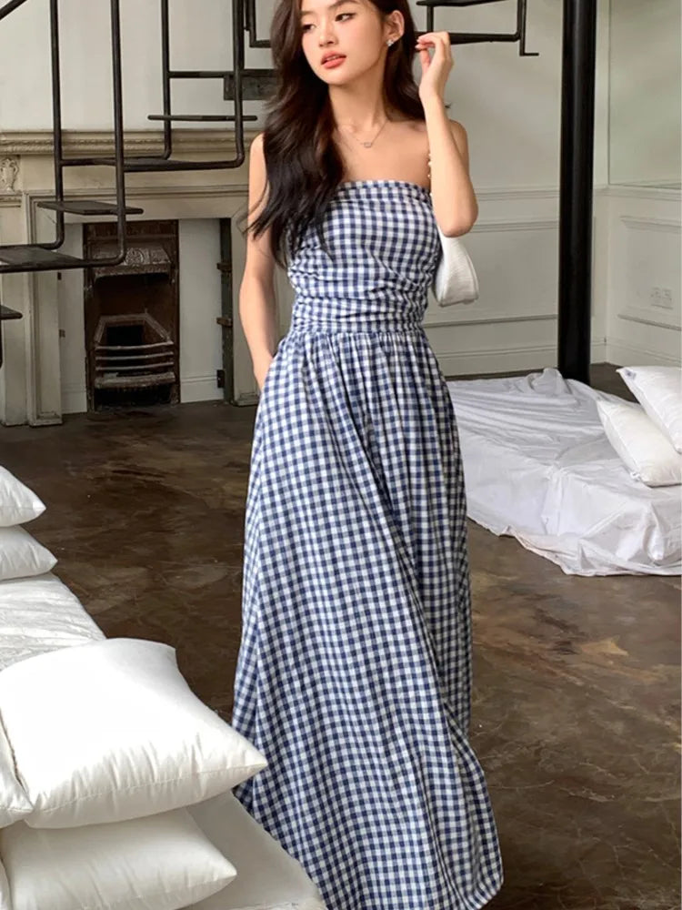 Strapless Midi Dresses for Striped Sleeveless A-line Korean Summer New Party Dress Vestidos Mujer