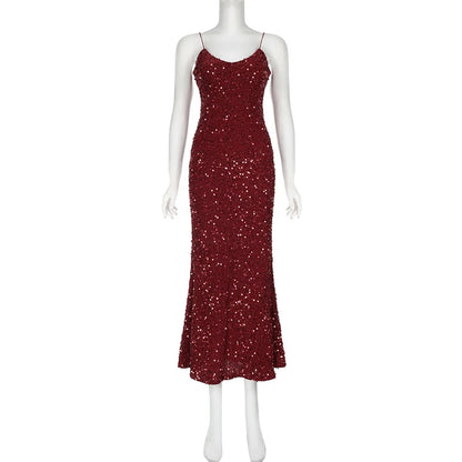 Sequined Velvet Mermaid Long Dress Party Evening Clubwear Korean Style Vneck Sleeveless Maxi Dresses New