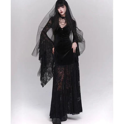 Gothic Black Midi Dresses V-neck Irregular Flrae Sleeve Y2k Lace Bandage Dark Style Harajuku Clothing New