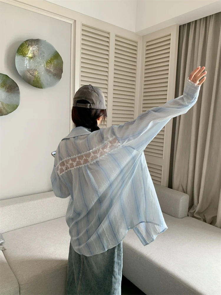 Striped Shirts for Lace Patchwork Hollow Out Blouse Female Korean Summer Loose Cardigan