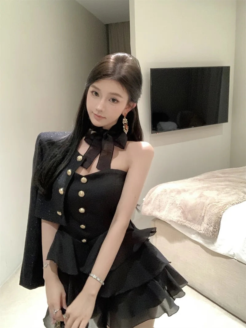 Sweet Hot Girl Suit Autumn Winter Gold Buckle Short Coat Laceup Slim Aline Dress Twopiece Set Female Clothes
