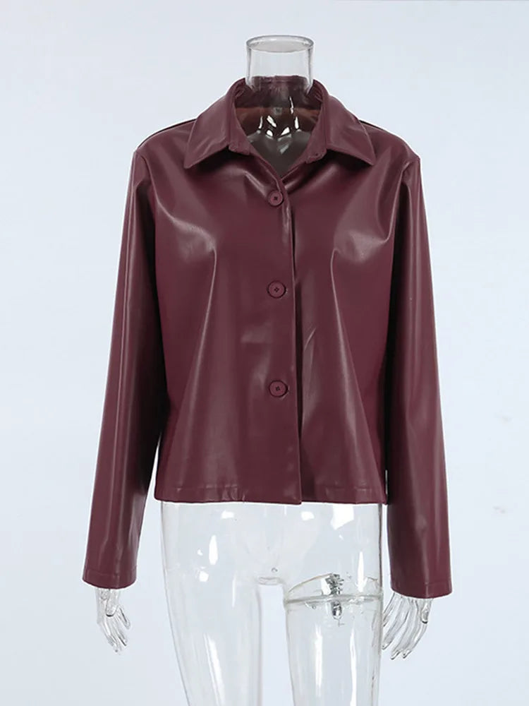 Burgundy Faux Leather Jackets Moto Biker Lapel Zipper Long Sleeve Female Coats Spring Lady Street Outwear