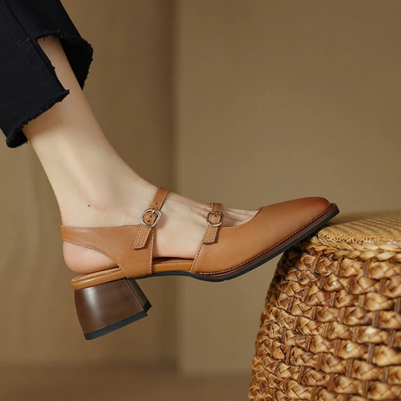 Summer Sandals Genuine Leather Shoes for Square Toe Chunky Heel Shoes Cover Toe Slingback Designer Sandals
