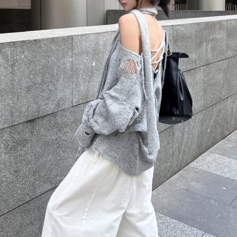 High Street Gray Hollow Hole Long Sleeve Sweater Autumn New Korean Strapless Laceup Loose Knitted Tops