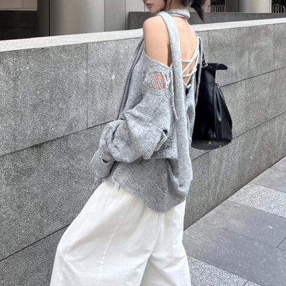 High Street Gray Hollow Hole Long Sleeve Sweater Autumn New Korean Strapless Laceup Loose Knitted Tops