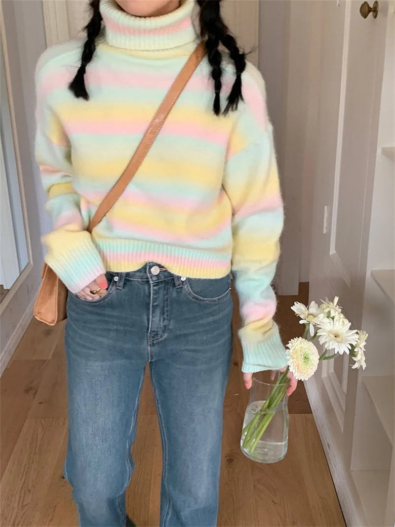 Soft Sweet Sweaters Turtleneck Loose Knitted Daily Warm Autumn Gentle Pullovers