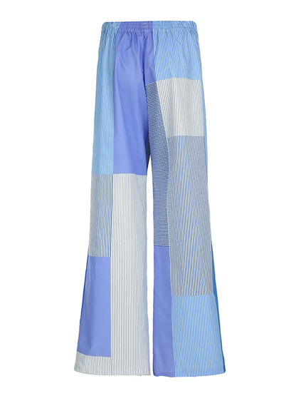 Grunge Aesthic Color Block Blue Stripe Baggy Trousers for Elastic Waist Loose Woven Pants Lazy Homewear