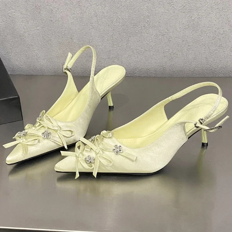 Designer Pointed Toe Thin High Heels Butterflyknot Slingback Sandals Female Party Dress Shoes Pumps