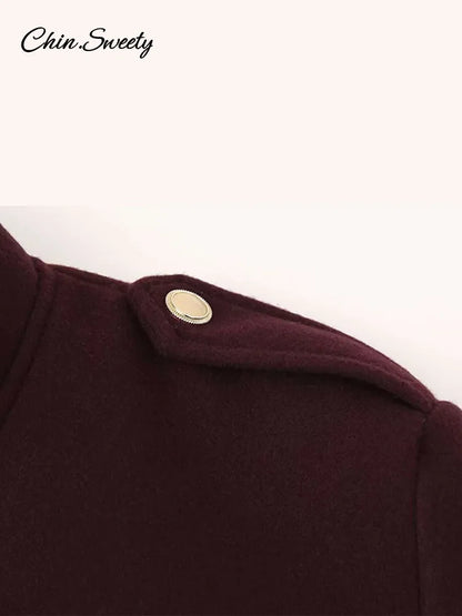 Burgundy Color Woolen Jacket for Stand Collar Single Breasted Pocket Thick Short Coat Autumn Lady Commute Outwear New