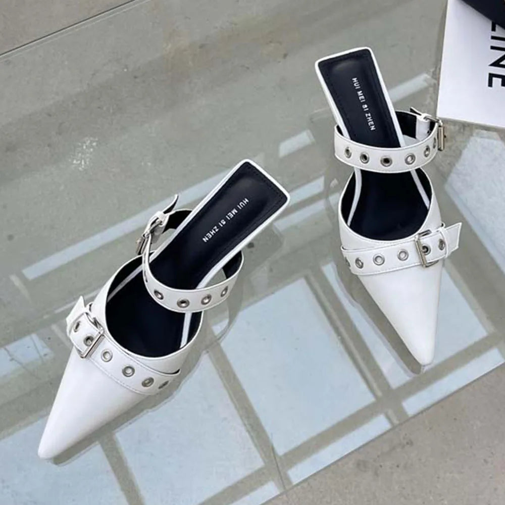Pumps Belt Buckle Pointed Toe Black High Heel Mule Summer Slides Half Slipper Shoes for Big Size 43