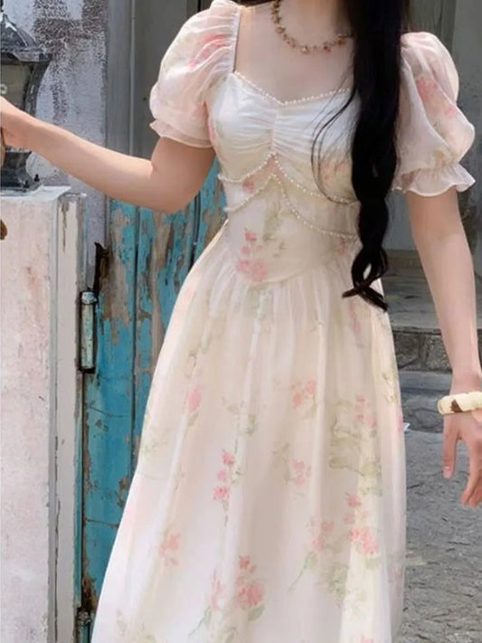 Print Midi Dress Summer New Square Collar Female Puff Sleeve Fairy Holiday Vestidos
