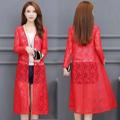 Summer Sun Protection Lace Cardigan Mid-length Mesh Shawl Loose Clothing Jacket Shirt Outerwear