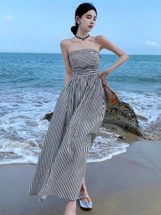 Summer Black White Striped Club Off Shoulder Long Dresses High Waist Backless Pleated Strapless Sundress