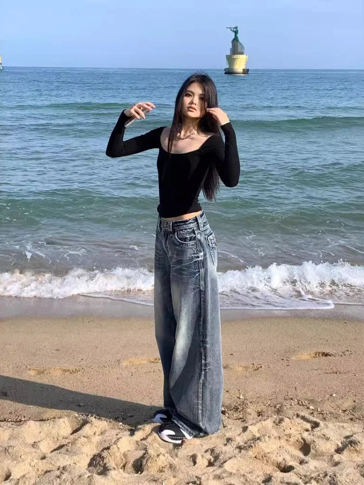 Y2k 90s High Waist Wide Leg Pants American Retro Grunge Hip Hop Oversized Baggy Denim Pants