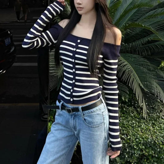 Korean Retro Contrast Color Striped Long Sleeve Sweater Autumn New Offshoulder Buttons Knitted Crop Tops