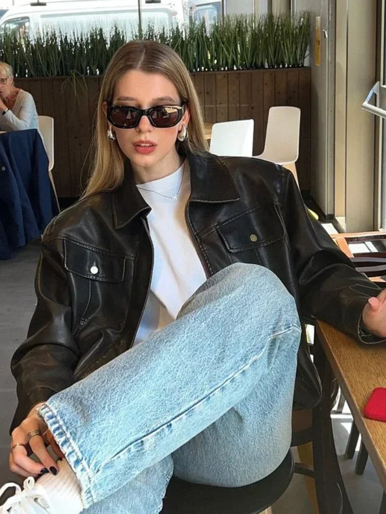 Lapel With Packet Pu Leather Jacket Long Sleeve Zipper Buttons Short Coat Lady New Highstreet Outwear