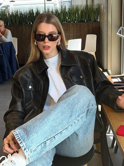 Lapel With Packet Pu Leather Jacket Long Sleeve Zipper Buttons Short Coat Lady New Highstreet Outwear