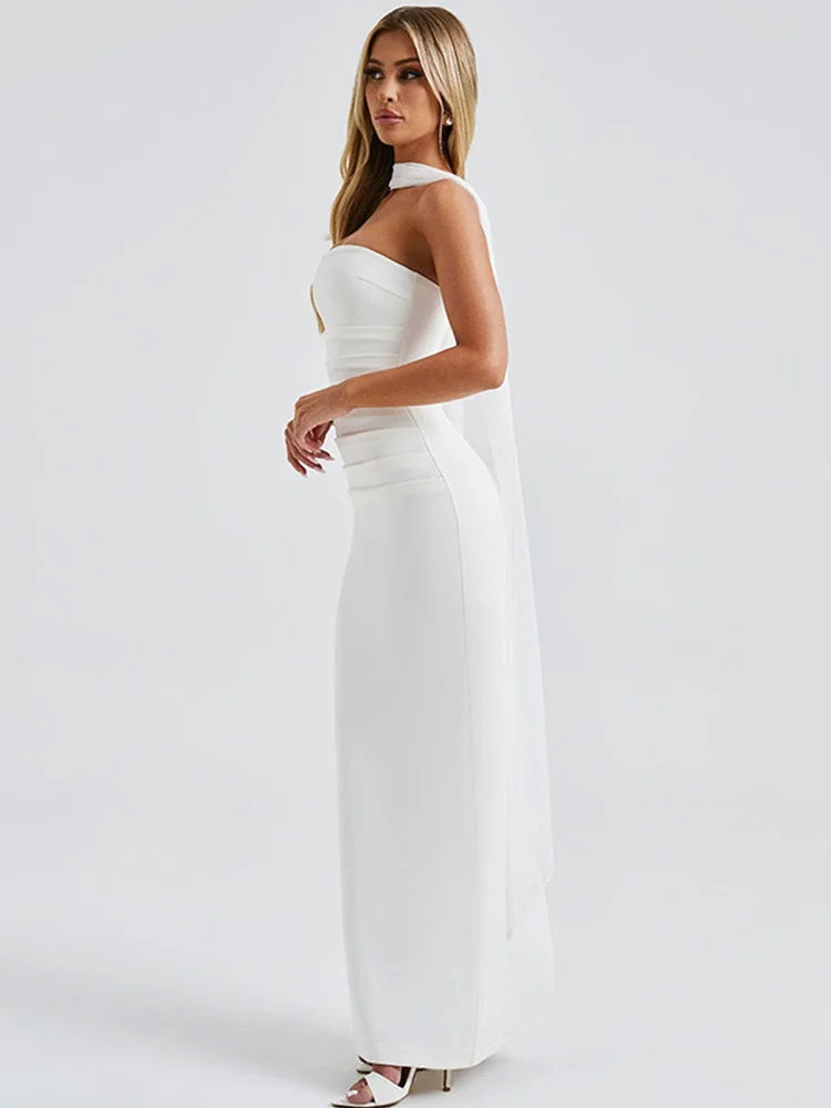 Pleated Tube Long Dresses Slim Fit Sleeveless Dress With Silk Scarf Gloves Female Summer Evening