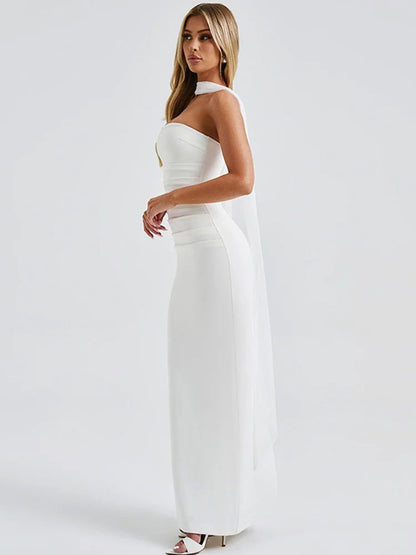 Pleated Tube Long Dresses Slim Fit Sleeveless Dress With Silk Scarf Gloves Female Summer Evening