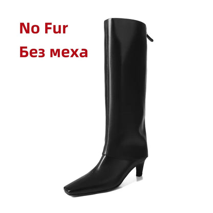 Ins Knee High Boots for Genuine Leather High Heels Winter Shoes Office Lady Long Booties