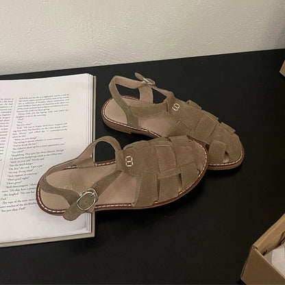 Roman Sandals Summer New Flat Retro Real Leather Sandals Hollowed Cage Shoes