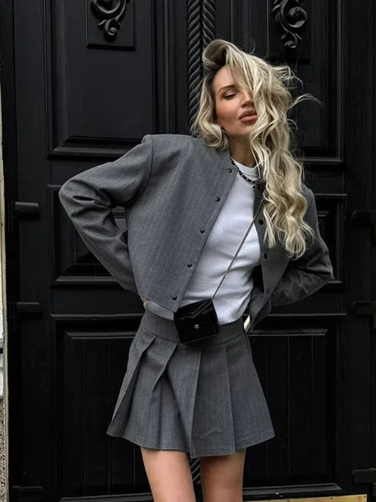 Striped Short Jackets Skirts Set Long Sleeve Suit Coat Mini Skirt Sets Female Gray Outfits
