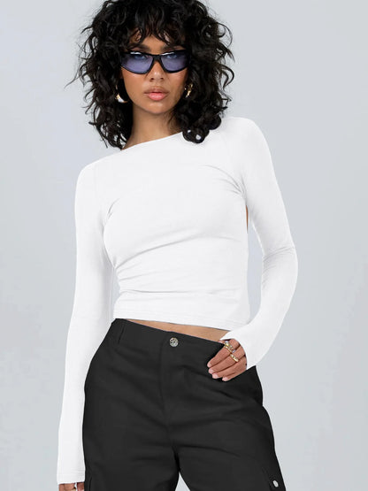 Y2k European and American Summer Open Back Top Long Sleeved Spicy Girl Shoulder T-shirt ’s Wear