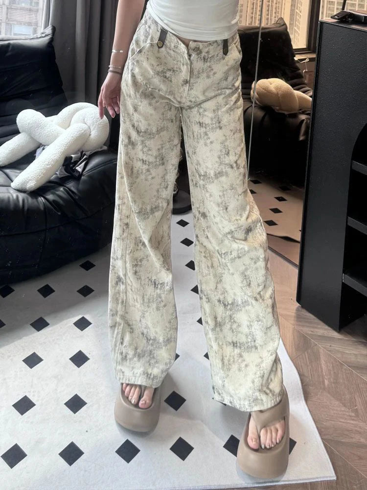 Tie Dye Jeans Y2k High Waist Baggy Denim Pants American Retro Wide Leg Trousers New