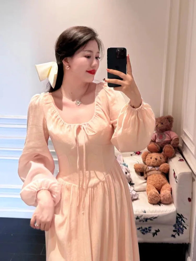 Pink Long Sleeved Dress Autumn Gentle Thin Goddess Gentle Princess Sweet Temperament Fairy Skirt Long Dresses