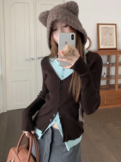 Y2k Brown and Mint Green Fake Two Pieces Knitwear Slim Button Up Cardigan Autumn Winter Ribbed Sweater Korean